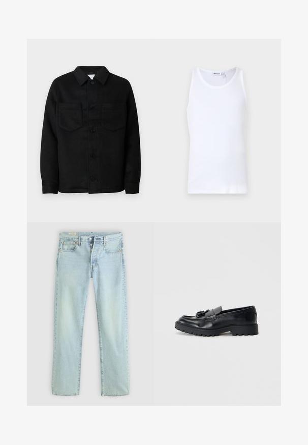 Sort knapjakke lavet af en uldblanding. Har krave, to brystlommer og en lige kant. Glat tekstur, klassisk design.; Hvid bomulds tanktop med rund hals og brede stropper. Glat tekstur, ingen mønstre, enkelt design og mærkeetiket på halsudskæringen.; Lyseblå denimjeans med lige pasform, fem lommer, knapgylp og subtil falming. Har syninger og kobbernitter som detaljer.; Sorte læder loafers med en blank finish, kraftig gummisål og dekorativt frynse-detalje på forsiden.