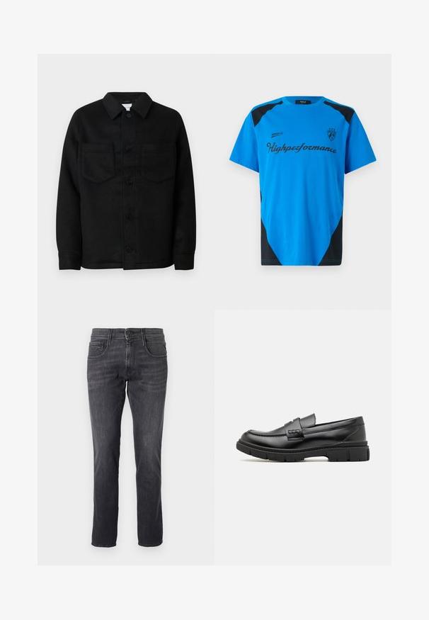 Sort knapjakke lavet af en uldblanding. Har krave, to brystlommer og en lige kant. Glat tekstur, klassisk design.; Replay SHORT SLEEVE GRAPHIC - T-shirts print - azzurro; Mørkegrå jeans lavet af denim, med et klassisk fem-lomme design, lige pasform og metalknaplukning i taljen.; Sort læder loafersko med en bred rem over forfoden, gummisål med tykke mønstre og glat overflade. Klassisk, slankt design.