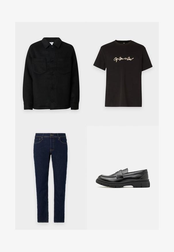 Zwarte blousejack van een wolmix. Voorzien van een kraag, twee borstzakken en een rechte zoom. Strakke textuur, klassiek ontwerp.; Zwarte katoenen t-shirt met korte mouwen en een ronde halslijn. Opvallend gouden scriptontwerp over de borst. Eenvoudige en moderne snit.; Donkerblauwe denim jeans met een slim fit. Heeft een standaard vijf-pocket ontwerp, contrasterende stiksels en een metalen knoopsluiting.; Zwarte leren instapper met een brede band over de voet, rubberen zool met dikke noppen en een gladde textuur. Klassiek, strak ontwerp.