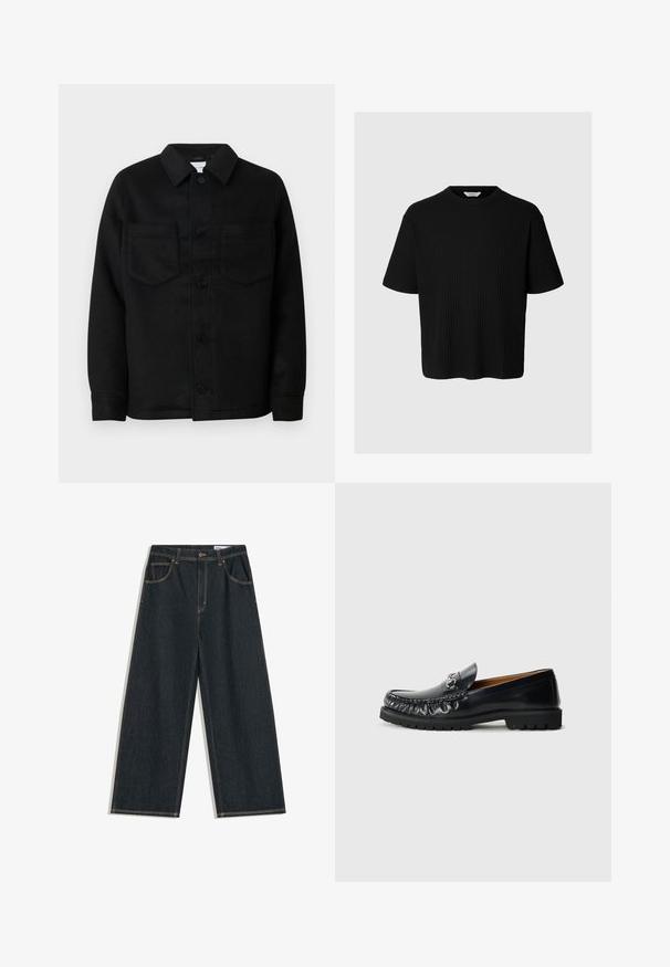 Schwarze Jacke mit Knopfleiste aus Wollmischung. Verfügt über einen Kragen, zwei Brusttaschen und einen geraden Saum. Glatte Textur, klassisches Design.; Schwarzes kurzärmeliges geripptes T-Shirt mit Rundhalsausschnitt und lässiger Passform, auf einem einfachen hellgrauen Hintergrund dargestellt.; Dunkelblaue Jeans mit weitem Bein, vorn mit Knopf, Reißverschluss und Fünf-Taschen-Design, mit sichtbaren gelben Nähten.; Schwarze Lederloafers mit abgerundetem Zeh, dekorativen Nähten und einem metallischen Akzent an der Vorderseite; Gummisohle mit rutschfestem Muster.