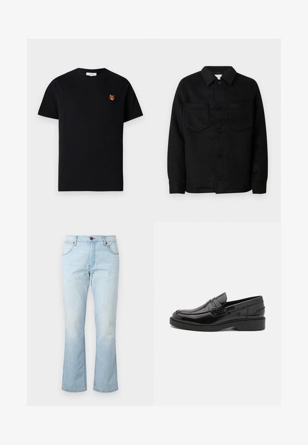 Veste noire à boutonnière en mélange de laine. Elle présente un col, deux poches poitrine et un ourlet droit. Texture lisse, design classique.; T-shirt en coton noir avec une petite tête de renard brodée sur la poitrine gauche, manches courtes et col rond.; Jean en denim bleu clair avec une taille mi-haute, fermeture par bouton et fermeture éclair, poches avant et jambes légèrement évasées.; Mocassins en cuir noir avec une finition lisse, un bout rond, un petit talon et descoutures décoratives à l'avant. Semelle en caoutchouc pour l'adhérence.