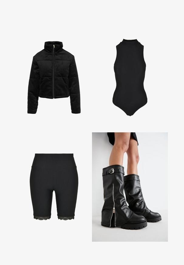Schwarze Cordjacke mit hohem Kragen, Reißverschluss und gepolsterten Bereichen, mit strukturiertem geripptem Oberflächen und langen Ärmeln.; Ärmelloses schwarzes Ripp-Bodysuit mit hohem Kragen und figurnaher Silhouette.; Schwarze gerippte Shorts mit hoher Taille und Spitzenbesatz am Saum, mit glatter Textur und figurschmeichelndem Design.; Schwarze Lederstiefel bis zum Knie mit weiter Schaftweite, seitlichem Reißverschluss und Schnallenakzent, strukturierter Oberfläche und robuster Gummisohle.