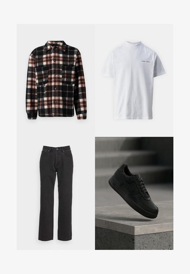 Flanellhemdjacke im schwarz-weiß-braunen Karomuster, mit Kragen, Knopfleiste und zwei Brusttaschen. Weicher, strukturierter Stoff.; Weißes Baumwoll-T-Shirt mit hohem Ausschnitt und kurzen Ärmeln. Mit schwarzem "SAMSØE SAMSØE" Logo auf der Vorderseite. Glatte Textur.; Schwarze Jeans aus Denim mit geradem Bein, ausgestattet mit einem vorderen Knopfverschluss, Gürtelschlaufen und zwei Seitentaschen. Strukturiertes Material.; Schwarzer Nike-Sneaker mit perforierten Details, der über einer Betonbrüstung schwebt, vor einem verschwommenen grauen Hintergrund.