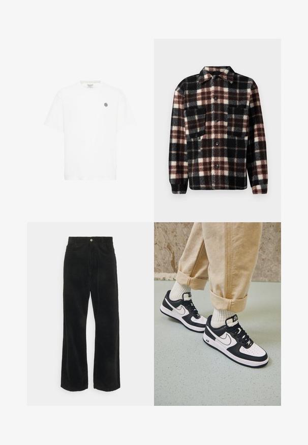 Flannel skjortejakke i sort, hvid og brun ternet mønster, med krave, knaplukning foran og to brystlommer. Blødt, struktureret stof.; Hvid kortærmet t-shirt med rund halsudskæring og et lille gråt geometrisk logo på venstre bryst. Lavet af blødt bomuldsmateriale.; Sorte cordfløjsbukser med vide ben og en glat tekstur, med knaplukning foran og to sidelommer.; Sorte og hvide Nike Air Force 1 sneakers med læderoverdel, perforeret tå og tekstureret såldetalje, båret med rullede beige bukser og hvide sokker.