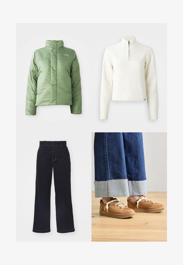 Veste doudoune verte claire avec un col haut, fermeture éclair et coutures cousues. Présente le logo sur la poitrine et une texture de tissu lisse et brillante.; Pull-over blanc à col zippé et manches longues. Fabriqué en matériau tricoté doux, avec des poignets et un ourlet côtelés. Logo de la marque subtil à l'ourlet.; Pantalons larges bleu foncé en coton avec taille haute, présentant des coutures blanches contrastantes et un design épuré et simple.; Pieds portant des baskets en daim beige avec de larges lacets crème, associées à un jean bleu large avec revers, debout sur un sol en bois.