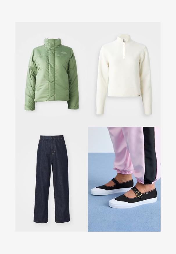 Veste doudoune verte claire avec un col haut, fermeture éclair et coutures cousues. Présente le logo sur la poitrine et une texture de tissu lisse et brillante.; Pull-over blanc à col zippé et manches longues. Fabriqué en matériau tricoté doux, avec des poignets et un ourlet côtelés. Logo de la marque subtil à l'ourlet.; Jeans en denim droit bleu foncé avec passants de ceinture, bouton avant et poches latérales sur fond blanc.; Baskets noires en toile avec une semelle blanche, présentant un design découpé et une sangle en boucle dorée. Portées avec un pantalon de survêtement rose.