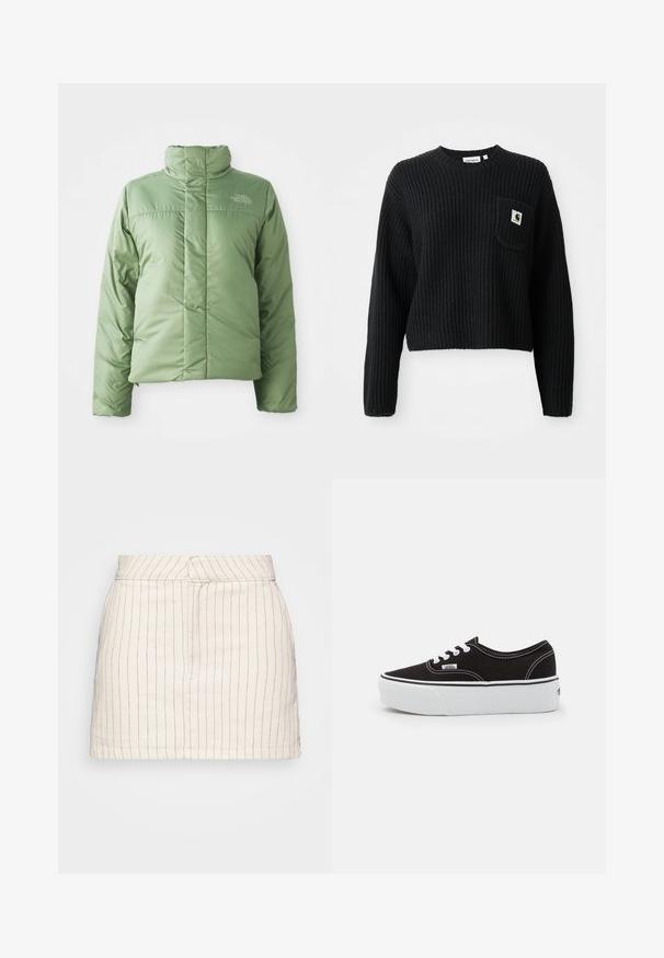 Veste doudoune verte claire avec un col haut, fermeture éclair et coutures cousues. Présente le logo sur la poitrine et une texture de tissu lisse et brillante.; Pull en maille côtelée noir avec un col rond, des manches longues et une poche avant arborant un petit patch logo. Longueur cropped.; Jupe crème avec de fines rayures verticales rouges, présentant un design ajusté et un ourlet droit. Fabriquée à partir d'un tissu léger.; Baskets en toile noires avec une semelle en caoutchouc blanc, dotées de lacets et de coutures blanches, marquage emblématique sur le côté, design basse.