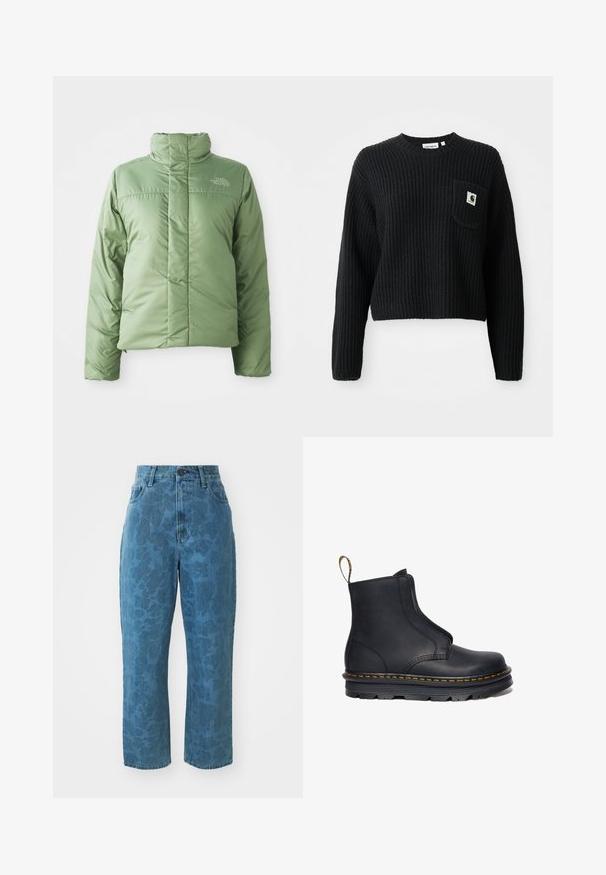 Hellgrüne Pufferjacke mit hohem Kragen, Reißverschluss und genähten Nähten. Mit Logo auf der Brust und glatter, glänzender Stoffoberfläche.; Schwarzer gerippter Strickpullover mit rundem Ausschnitt, langen Ärmeln und einer Fronttasche mit einem kleinen Logopatch. Verkürzte Länge.; Hellblaue Jeans aus Denim mit subtiler gemusterter Textur, hoher Taille und geradem Bein. Mit einem vorderen Knopf- und Reißverschluss.; Schwarze Leder-Stiefelette mit elastischen seitlichen Einsätzen, runder Zehenform, kontrastierenden gelben Nähten und einer robusten Gummisohle.