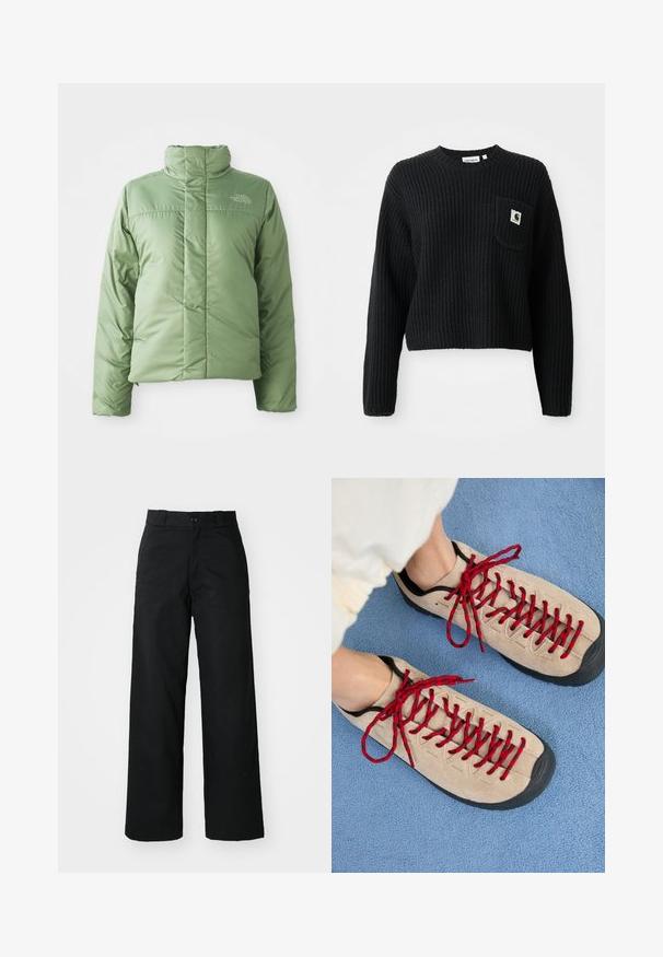Hellgrüne Pufferjacke mit hohem Kragen, Reißverschluss und genähten Nähten. Mit Logo auf der Brust und glatter, glänzender Stoffoberfläche.; Schwarzer gerippter Strickpullover mit rundem Ausschnitt, langen Ärmeln und einer Fronttasche mit einem kleinen Logopatch. Verkürzte Länge.; Schwarze weit geschnittene Hose mit flachem Vorderteil, Knopfverschluss und Gürtelschlaufen. Hergestellt aus strapazierfähigem Stoff mit glatter Textur.; Beige Schuhe mit roten Schnürsenkeln, die auf einer blauen strukturierten Fläche positioniert sind und teilweise ein Fußgelenk einer Person zeigen. Die Schuhe haben ein sportliches Design.