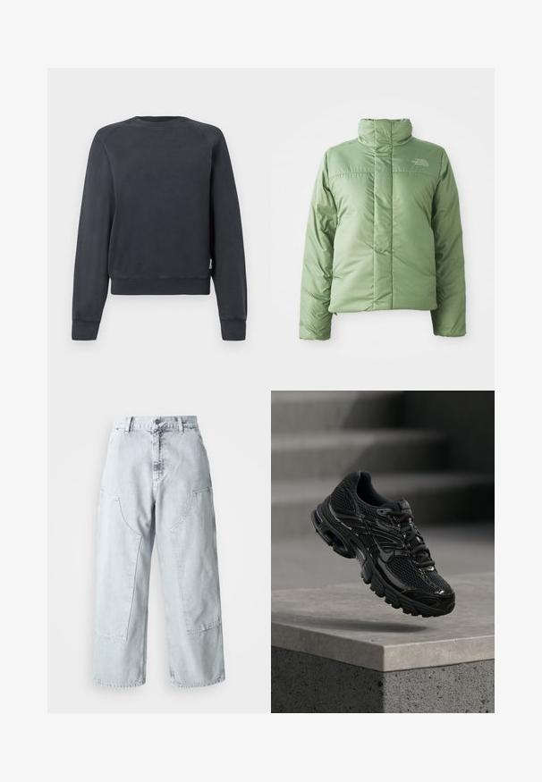 Kergelt roheline puffer-jakk kõrge kraega, lukuga kinnituse ja õmblustega. Omab logo rinna peal ja sileda, läikiva kangastruktuuri.; Tumehall kašmiriga sweatshirt ümarate kraega, raglan varrukatega ja soonikuäärtega. Sile tekstuur, ilma nähtavate mustrite või aktsentideta.; Heledad sinised teksad laia säärega, suurte küljetaskutega, kõrge taljega ja vabalt istuv. Kulunud tekstuur ja tuhm värvitoon.; Must Nike jooksujalatsite võrkkangas ja sünteetilise pealiskihiga, hõljub betoonpinna ja tähtede kohal taustal.