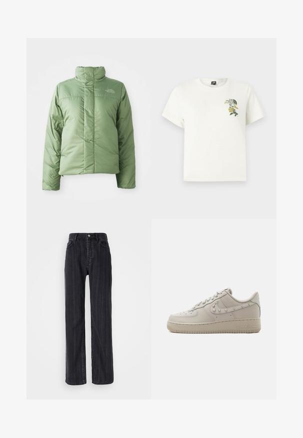 Veste doudoune verte claire avec un col haut, fermeture éclair et coutures cousues. Présente le logo sur la poitrine et une texture de tissu lisse et brillante.; T-shirt en coton blanc à manches courtes. Présente une broderie florale verte et jaune sur le côté gauche de la poitrine, logo inclus. Coupe droite.; Jean en denim noir taille haute avec un motif rayé vertical, coupe droite et fermeture à bouton métallique à l'avant.; Baskets basses en cuir beige avec des clous sur le swoosh Nike, un bout perforé et une semelle épaisse en caoutchouc marquée « AIR » sur le côté.