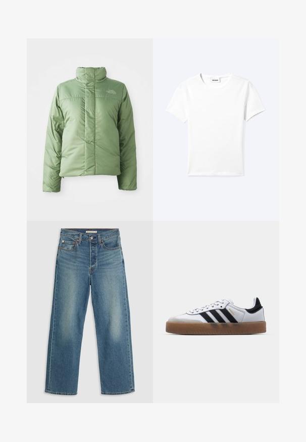 Lichtgroene pufferjack met een hoge kraag, ritssluiting en gestikte naden. Kenmerkt zich door een logo op de borst en een gladde, glanzende stofstructuur.; Effen wit T-shirt met korte mouwen en ronde hals met een klein "WEEKDAY" label aan de binnenkant van de hals, plat neergelegd op een lichte achtergrond.; Lichtblauwe denim jeans met een rechte pasvorm. Kenmerken zijn een gestikte tailleband, vijf zakken en zichtbare vervaging.; Witte leren sneakers met zwarte strepen, gumrubberen buitenzool, ronde neus, vetersluiting en een zachte grijze suède neuskap.