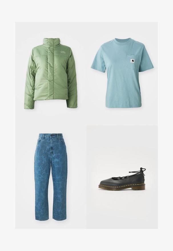 Hellgrüne Pufferjacke mit hohem Kragen, Reißverschluss und genähten Nähten. Mit Logo auf der Brust und glatter, glänzender Stoffoberfläche.; Helles blaues, kurzärmliges Baumwoll-T-Shirt mit Brusttasche, das mit einem kleinen schwarz-weißen Carhartt-Logo-Patch versehen ist.; Hellblaue Jeans aus Denim mit subtiler gemusterter Textur, hoher Taille und geradem Bein. Mit einem vorderen Knopf- und Reißverschluss.; Schwarzer Lederschuh mit runder Zehenpartie, niedrigem Absatz, Schnürdetails und gelber Naht entlang der Sohle. Glatte Textur mit matter Oberfläche.