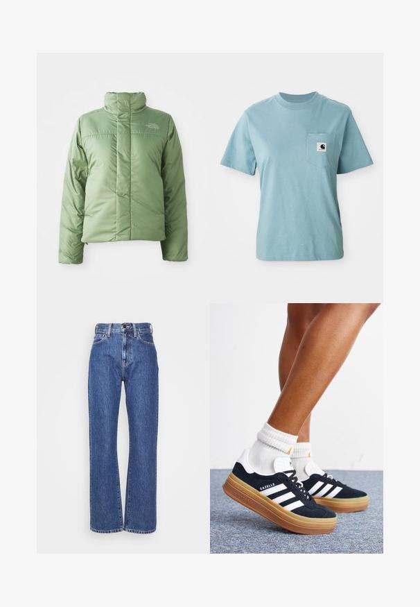 Hellgrüne Pufferjacke mit hohem Kragen, Reißverschluss und genähten Nähten. Mit Logo auf der Brust und glatter, glänzender Stoffoberfläche.; Helles blaues, kurzärmliges Baumwoll-T-Shirt mit Brusttasche, das mit einem kleinen schwarz-weißen Carhartt-Logo-Patch versehen ist.; Blaue Denim-Jeans mit weitem Bein, hoher Taille, Kontrastnähten und klassischem Fünf-Taschen-Design. Strukturierter Stoff mit glatter Oberfläche.; Beine mit weißen Socken und schwarzen Adidas Gazelle Sneakers mit weißen Streifen und dicken braunen Sohlen auf einem grauen Teppichboden.