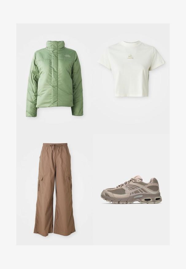 Veste doudoune verte claire avec un col haut, fermeture éclair et coutures cousues. Présente le logo sur la poitrine et une texture de tissu lisse et brillante.; T-shirt blanc court avec un petit logo beige Nike ACG centré sous le col.; Pantalons cargo amples marron avec taille à cordon et poches latérales à rabat, design à jambes larges, présentés sur fond blanc.; Chaussure de sport beige avec tige en mesh, accents moulés, bout arrondi et amorti d'air visible dans la semelle. Lacets de couleur neutre.