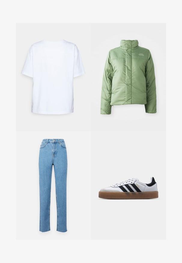 Chaqueta de abrigo de color verde claro con cuello alto, cierre de cremallera y costuras cosidas. Presenta un logo en el pecho y una textura de tela suave y brillante.; Camiseta de algodón blanca de manga corta vista desde atrás sobre un fondo gris claro.; Vaqueros de tiro alto en azul claro, confeccionados en denim, con corte recto, bolsillos frontales y dobladillo sin acabar en los tobillos.; Zapatillas de cuero blancas con rayas negras, suela de goma, puntera redonda, cierre de cordones y caperuza de ante gris suave.
