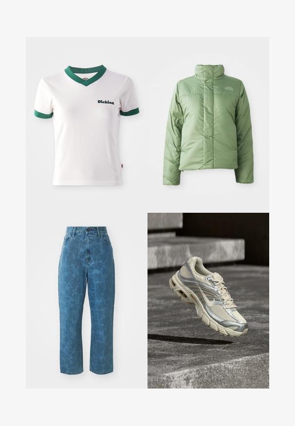 Chaqueta de abrigo de color verde claro con cuello alto, cierre de cremallera y costuras cosidas. Presenta un logo en el pecho y una textura de tela suave y brillante.; Camiseta de algodón blanca de manga corta con cuello en V y ribetes verdes; cuenta con el logo de "Dickies" en verde oscuro en el lado izquierdo del pecho. Textura de algodón suave.; Vaqueros de mezclilla azul claro con una textura de patrón sutil, cintura alta y corte recto. Cuenta con un cierre frontal de botón y cremallera.; Zapatilla de correr Nike en beige y plateado con detalles de malla y cordones flotando sobre escalones de cemento.