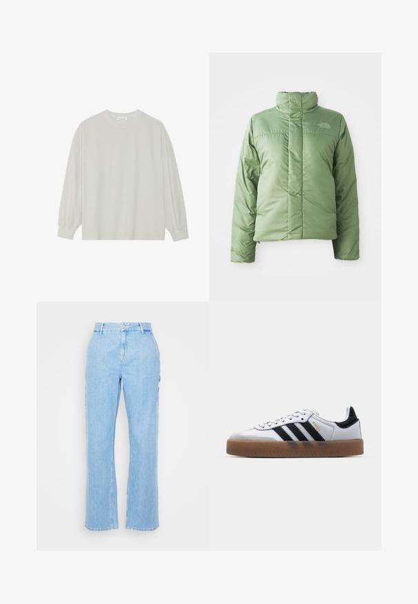 Chaqueta de abrigo de color verde claro con cuello alto, cierre de cremallera y costuras cosidas. Presenta un logo en el pecho y una textura de tela suave y brillante.; Camiseta de manga larga gris claro hecha de algodón suave. Presenta un corte holgado, cuello redondo y puños ligeramente fruncidos. Sin patrones ni gráficos.; Pantalones de mezclilla azul claro con un diseño de pierna recta, cintura alta y cierre frontal de botón. Presenta dos bolsillos laterales y costuras mínimas.; Zapatillas de cuero blancas con rayas negras, suela de goma, puntera redonda, cierre de cordones y caperuza de ante gris suave.