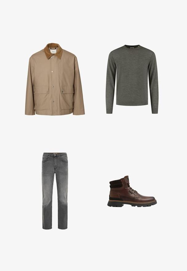 Veste beige décontractée avec col en velours côtelé marron, boutons-pression sur le devant et deux grandes poches à rabat aux hanches.; Un pull à manches longues, vert foncé, fabriqué en tissu doux et texturé. Il présente un col rond et des poignets côtelés, avec un ourlet droit et un minimum de détails.; Jeans droit pour hommes en denim gris foncé délavé, avec poches avant, passants de ceinture et fermeture à bouton.; Bottines en cuir marron avec des accents en daim, bout rond, design à lacets, semelle en caoutchouc avec un motif de crantage, et col rembourré pour plus de confort.
