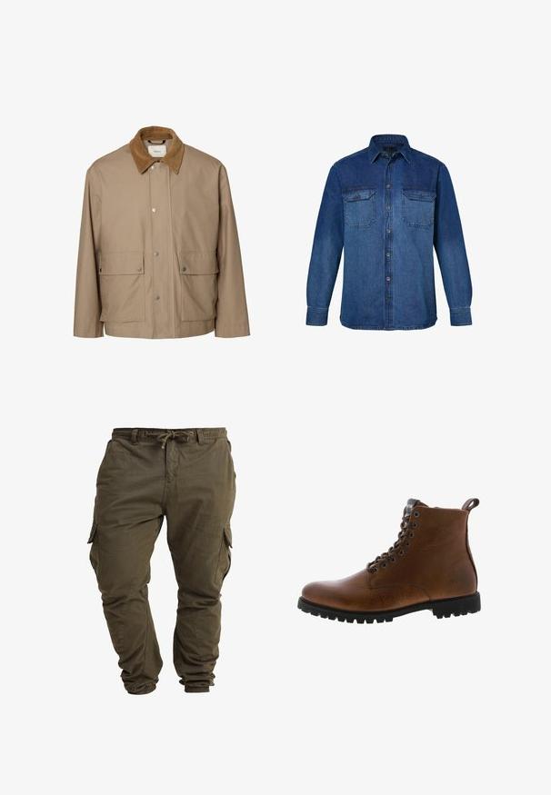 Beige afslappet jakke med brun kordfløjls-krave, trykknapper ned foran og to store klaplommer ved hofterne.; Blå denimskjorte med lange ærmer, knapper foran, spids krave og to brystlommer med knapklapper.; Olivenfarvede cargo-bukser lavet af blød bomuld, med justerbar taljesnor, elastiske cuffs og sidelommer.; Brune læder ankelstøvler med tekstureret overflade, metaløjer og sort gummisål. Har en træktab bagpå for nem påtagning.