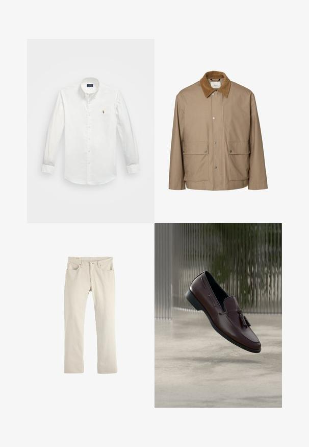 Beige rento takki, jossa ruskea corduroy-kaulus, edessä painonapit ja kaksi suurta läppätaskua lantiolla.; Valkoinen pitkähihaisella nappiverkkosella miesten paita, joka on valmistettu puuvillasta. Paidassa on pieni, brodeerattu logo rinnassa ja klassinen kaulustyyli.; Beigen väriset farkut, joissa suora leikkaus, hillitty ompelu, viisi taskua, napitus ja minimalistinen muotoilu.; Ruskeat nahkakengät, jossa sileä pinta, koristetut tupsuilla ja kohotetulla sauma-yksityiskohdalla, minimalistisella taustalla.
