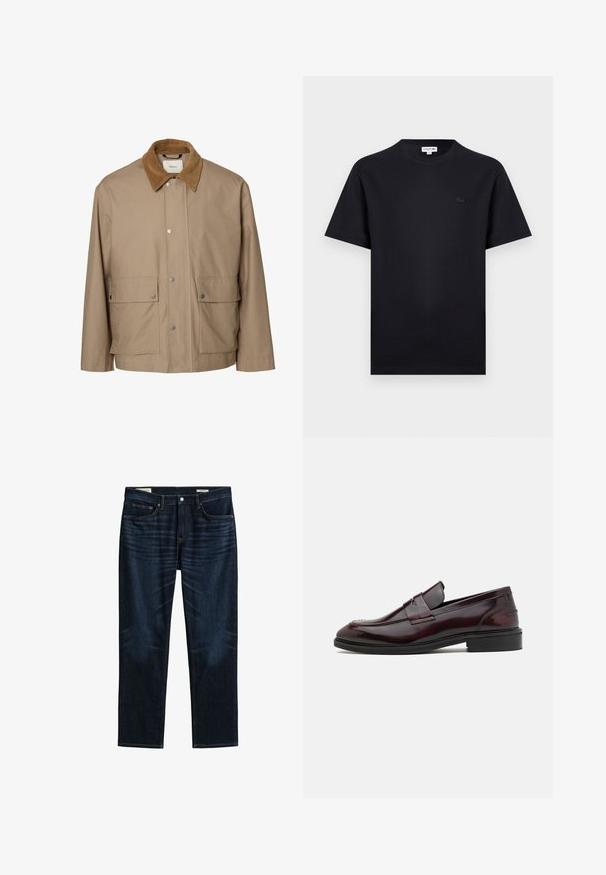 Beige afslappet jakke med brun kordfløjls-krave, trykknapper ned foran og to store klaplommer ved hofterne.; Sort kortærmet T-shirt med rund hals og lille tonalt krokodillelogo på venstre bryst.; Mørkeblå jeans med lige ben, front- og baglommer, knaplukning og subtile slidmærker på lårene.; Bordeaux læder loafers med en glat finish, rektangulær frontdetalje og en afrundet tå, med en sort gummisål.