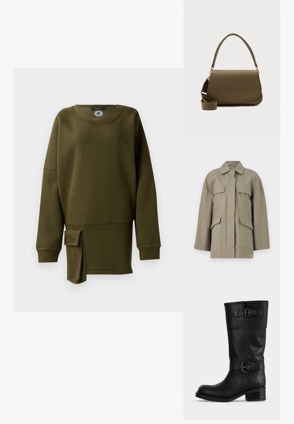 Beige oversized jas met voorflapzakken, verborgen knoopsluiting, wijde mouwen en een klassieke kraag op een witte achtergrond.; Olijfgroene sweatshirt, zachte stof, ronde hals, lange mouwen, zijsplit met stoffen accent, geborduurd logo-detail aan de onderkant voor.; Hoge zwarte leren laars met twee verstelbare gespsluitingen en lage blokhak op een effen achtergrond.; Olijfgroene leren schoudertas met gouden hardware, gebogen flap, enkel bovenhandvat en verstelbare stoffen band.