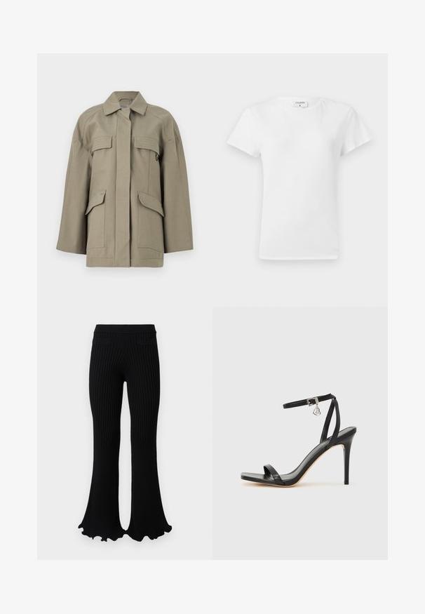 Beige übergroße Jacke mit aufgesetzten Fronttaschen, verdecktem Knopfverschluss, weiten Ärmeln und klassischem Kragen vor weißem Hintergrund.; Weißes Baumwoll-T-Shirt mit Rundhalsausschnitt und kurzen Ärmeln, das einen lockeren Sitz und ein minimalistisches Design aufweist. Etikett am Hals sichtbar.; Rabanne Stoffhose - black; Schwarze High-Heel-Sandale mit schmalem Knöchelriemen, quadratischer Zehenbox, glattem Leder und metallischem Schnallenakzent.
