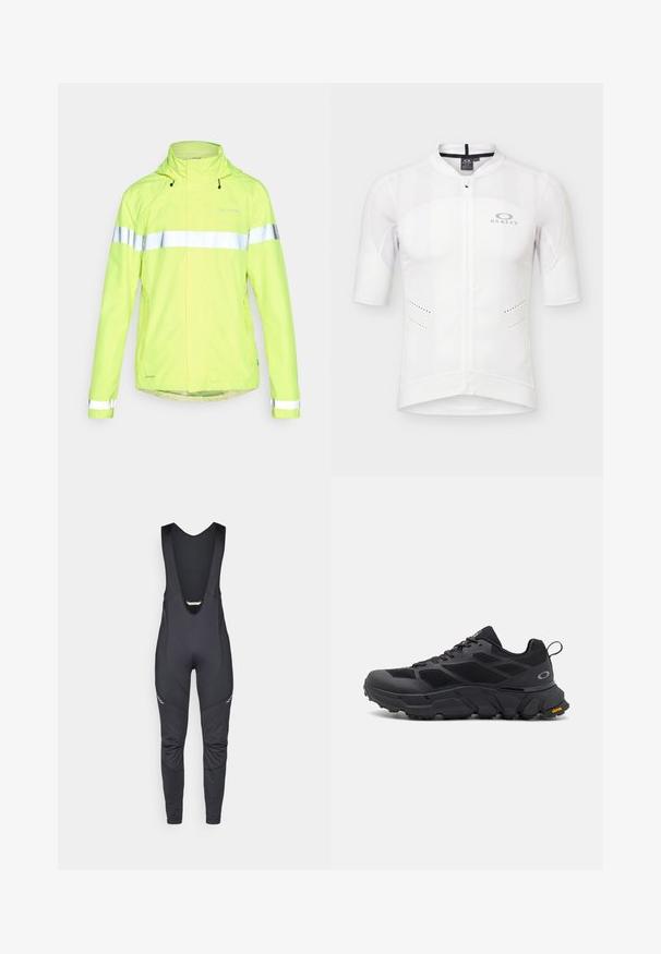 Vaude MENS LUMINUM RAIN JACKET - Fietsjas - neon yellow; Witte wielertrui met korte mouwen, volledige rits vooraan, meshpanelen op de schouders en Oakley-logo op de linkerborst.; Vaude MENS MATERA WARM - Lange fietsbroek met bandjes - black; Zwarte sportschoenen met een stevige zool, een bovenwerk van mesh en synthetisch materiaal, getextureerde accenten en Vibram-branding op de buitenzool.