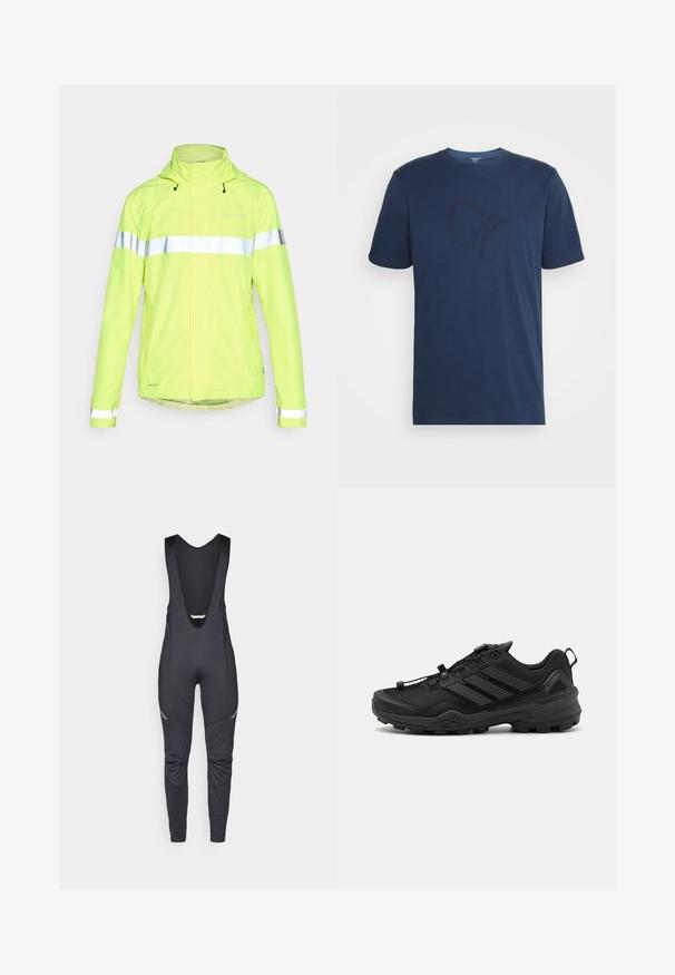 Vaude MENS LUMINUM RAIN JACKET - Jalgratturi jakk - neon yellow; Norrøna /29 COTTON VIKING T-SHIRT - Trükipildiga T-särk - indigo night/sky captain; Vaude MENS MATERA WARM - Traksidega pikad rattapüksid - black; Mustad mustespordijalats, millel on tekstureeritud võrkkangas, kontrastsed sünteetilised detailid ja tugev kummist tald. Omab kindlat paeltesüsteemi ja tagumist silmust.