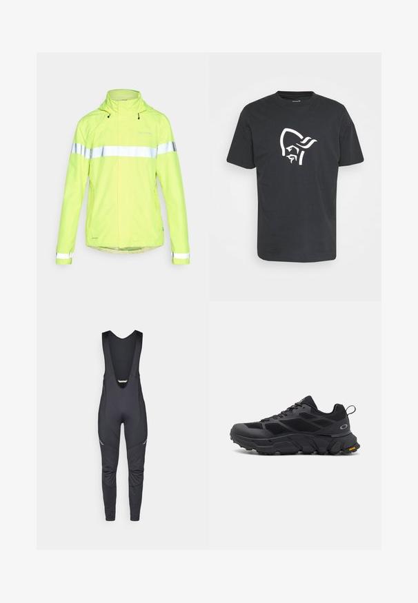 Vaude MENS LUMINUM RAIN JACKET - Fahrradjacke - neon yellow; Schwarzes Baumwoll-T-Shirt mit einem großen weißen Motiv eines stilisierten Gesichts mit Kopfschmuck auf der Vorderseite. Klassischer Rundhalsausschnitt und kurze Ärmel.; Vaude MENS MATERA WARM - Bib-Tights - black; Schwarze Sportschuhe mit einer robusten Sohle, Obermaterial aus Mesh und Synthetik, strukturierten Akzenten und Vibram-Branding an der Außensohle.