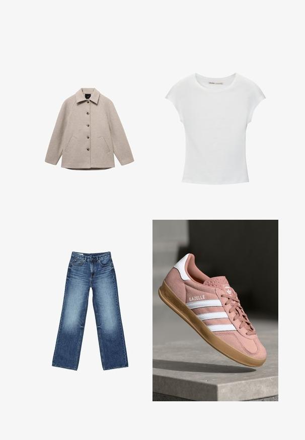 Beige uldfrakke med krave, fem knapper og to sidelommer. Har en lige pasform og raglanærmer for en afslappet pasform.; Hvid bomuld t-shirt med korte, opsmøgede ærmer, rund halsudskæring og lige kant. Glat tekstur uden synlige mønstre eller detaljer.; Blå denimjeans med høj talje, forreste knap og lynlås, lommer foran og bagpå samt en let falmet vask.; Rosa ruskinds sneaker med hvide striber, gummisål, tekstureret overdel og logo på tungen. Klassisk low-top design.