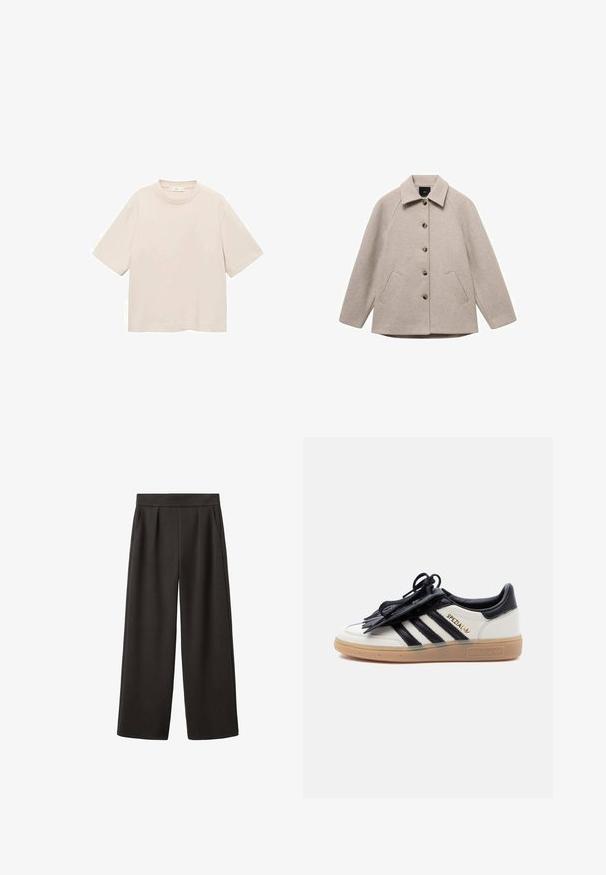 Beige Wollmantel mit Kragen, fünf Knöpfen und zwei Seitentaschen. Hat einen geraden Schnitt und Raglanärmel für eine lässige Passform.; Kurzärmliges T-Shirt mit Rundhalsausschnitt aus leichtem beigen Baumwollstoff. Einfaches Design mit lockerer Passform und ohne sichtbare Muster oder Akzente.; Schwarze Hose mit weitem Bein, glatter Textur, plissiertem Vorderteil und zwei Seitentaschen, mit tailliertem Bund.; Weißer und schwarzer Adidas Spezial Sneaker mit Gummisohle, schwarzen Streifen und schwarzer Schnürsenkelabdeckung auf einfarbig hellem Hintergrund.