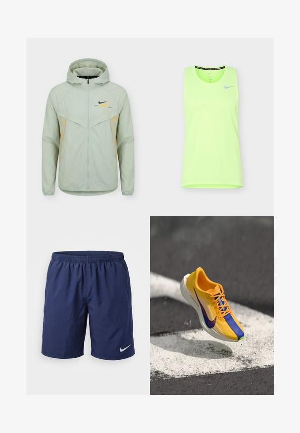 Veste à capuche Nike vert clair avec fermeture éclair intégrale, poignets élastiques et inscription "Distant Dreams" près du logo Nike noir sur la poitrine.; Débardeur de course Nike sans manches vert néon vif avec logo swoosh réfléchissant sur la poitrine gauche sur fond blanc.; Short de sport bleu marine avec ceinture élastique et logo Nike blanc sur la jambe gauche.; Chaussure de course Nike avec une tige en maille jaune vif, des accents bleus et un logo violet. Dotée d'une semelle blanche légère et de détails texturés.