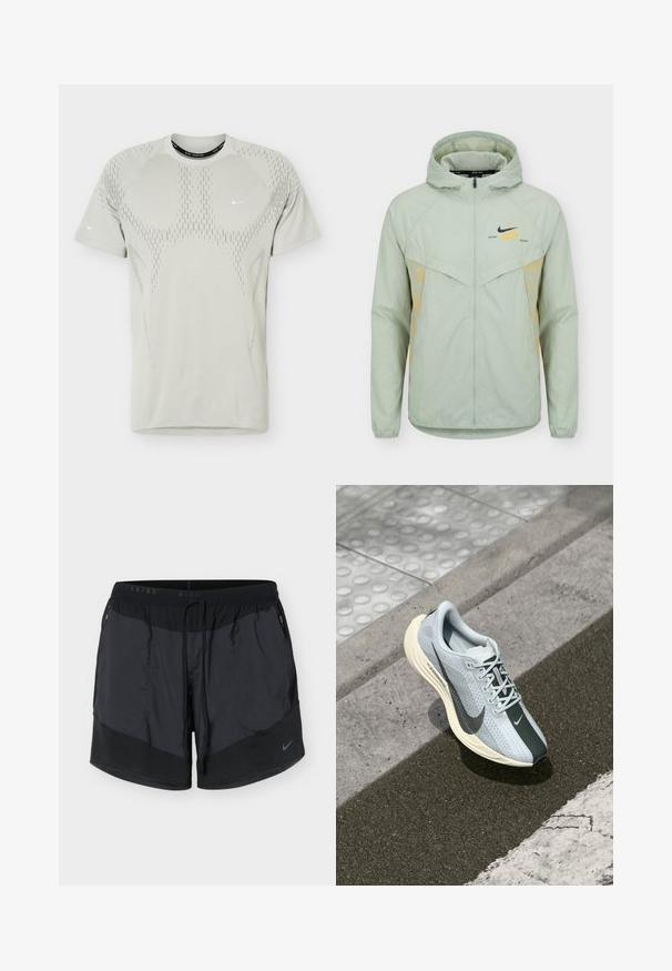 Φωτεινό πράσινο μπουφάν με κουκούλα Nike με πλήρες φερμουάρ, ελαστικά μανσέτες και το κείμενο «Distant Dreams» κοντά στο μαύρο λογότυπο Nike στο στήθος.; Ανοιχτό γκρι αθλητική μπλούζα με κοντά μανίκια, με διάτρητο σχέδιο και μικρά λευκά λογότυπα Nike swoosh στο στήθος και το μανίκι.; Μαύρο σορτς τρεξίματος Nike με τσέπες στο πλάι με φερμουάρ και κορδόνι στη μέση, με μικρό λογότυπο Nike στο αριστερό πόδι.; Ανοιχτού μπλε παπούτσι τρεξίματος με γκρι λεπτομέρεια, πλέγμα άνω μέρος και κρεμ σόλα. Διαθέτει έντονο μαύρο λογότυπο σούσι και υφή στην σόλα.