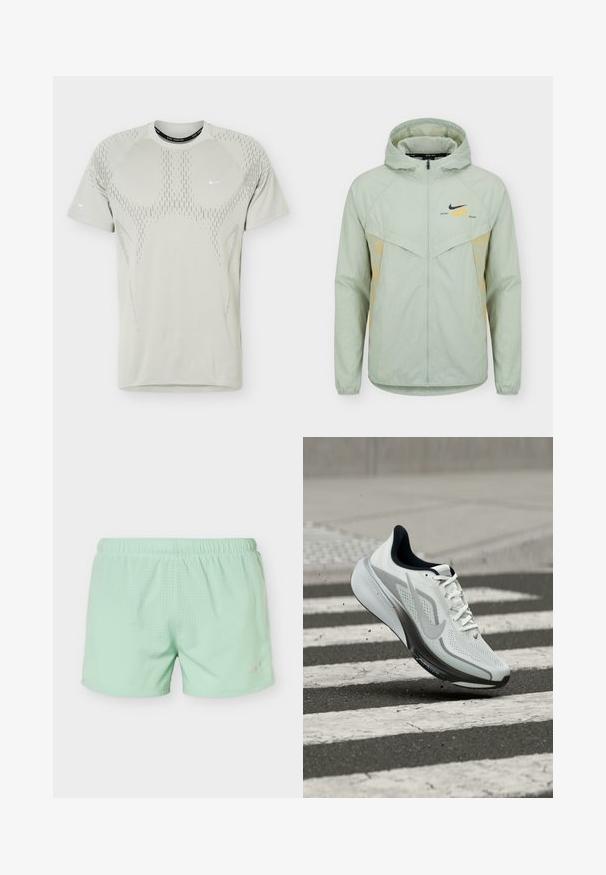 Φωτεινό πράσινο μπουφάν με κουκούλα Nike με πλήρες φερμουάρ, ελαστικά μανσέτες και το κείμενο «Distant Dreams» κοντά στο μαύρο λογότυπο Nike στο στήθος.; Ανοιχτό γκρι αθλητική μπλούζα με κοντά μανίκια, με διάτρητο σχέδιο και μικρά λευκά λογότυπα Nike swoosh στο στήθος και το μανίκι.; Φωτεινά πράσινα αθλητικά σορτς με ελαστική μέση και μικρές οπές για αναπνοή, λογότυπο Nike στο κάτω δεξί πόδι.; Άσπρο και γκρι παπούτσι για τρέξιμο της Nike με κορδόνια στον αέρα πάνω από μια διάβαση πεζών σε άσφαλτο, που εμφανίζει δυναμική κίνηση και λεπτομέρειες σχεδίασης.