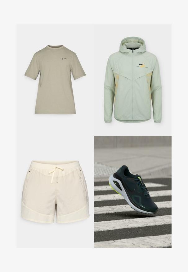 Lysegrøn Nike hættetrøje med fuld lynlås, elastiske manchetter og teksten "Distant Dreams" nær det sorte Nike-logo på brystet.; Lysegrå Nike T-shirt med korte ærmer, rund hals og lille sort Nike-swoosh-logo på venstre bryst.; Beige sportshorts med elastisk talje, snorelukning og to sidelommer. Teksturstof med glatte detaljer.; Mørkegrøn og sort Nike løbesko med hvid og neon gul sål, fotograferet i luften over et fodgængerfelt på asfalt.
