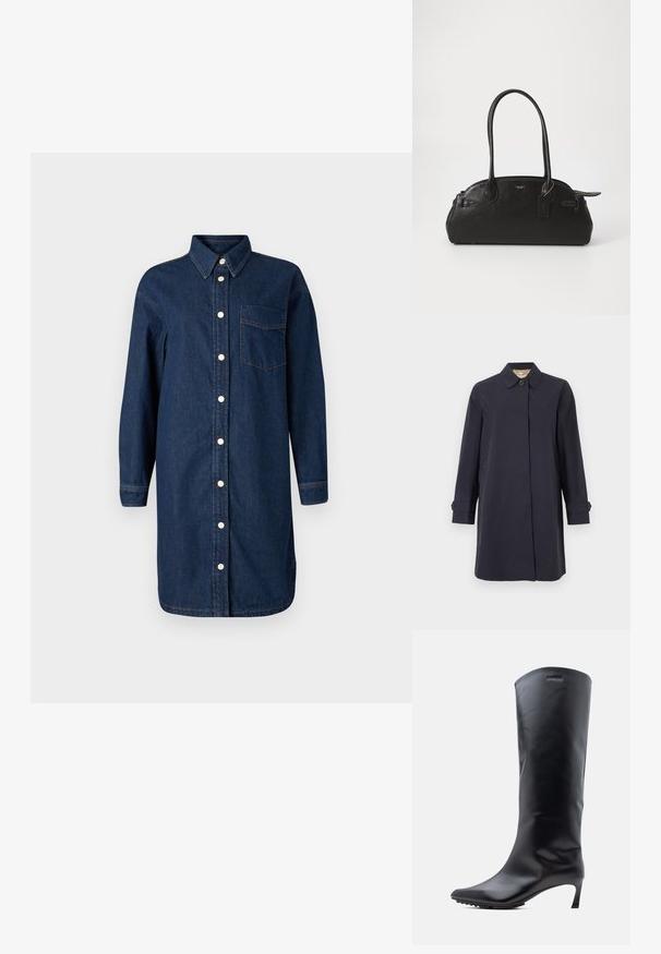 Marineblå, mellemlang frakke med krave, lange ærmer og knapdetaljer på manchetterne. Glat stof med et minimalistisk design.; Denim skjortekjole i mørkeblå med knaplukning foran, krave, lange ærmer og en brystlomme. Har hvide knapper og kontraststing.; Knæhøj sort læderstøvle med spids tå og slank, høj hæl. Glat tekstur med minimal hardware og mærkelogo nær toppen.; Sort læderhåndtaske i rund form, med to lange håndtag, guldfarvet hardware og et lille mærke vedhæftet. Lynlåslukning på toppen.