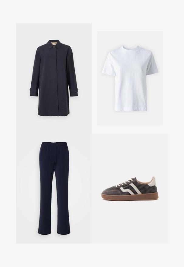 Marineblå, mellemlang frakke med krave, lange ærmer og knapdetaljer på manchetterne. Glat stof med et minimalistisk design.; Hvid bomulds t-shirt med rund halsudskæring, korte ærmer, lige snit og glat tekstur. Ingen mønstre eller dekorationer.; Marineblå bukser med lige ben lavet af strækstof med elastisk talje og to forlommer. Glat tekstur uden synlige mønstre.; Enkel mørkegrå sneaker med hvide læderdetaljer, teksturerede sider, hvide snørebånd og en brun gummisål, vist fra siden på en ensfarvet baggrund.