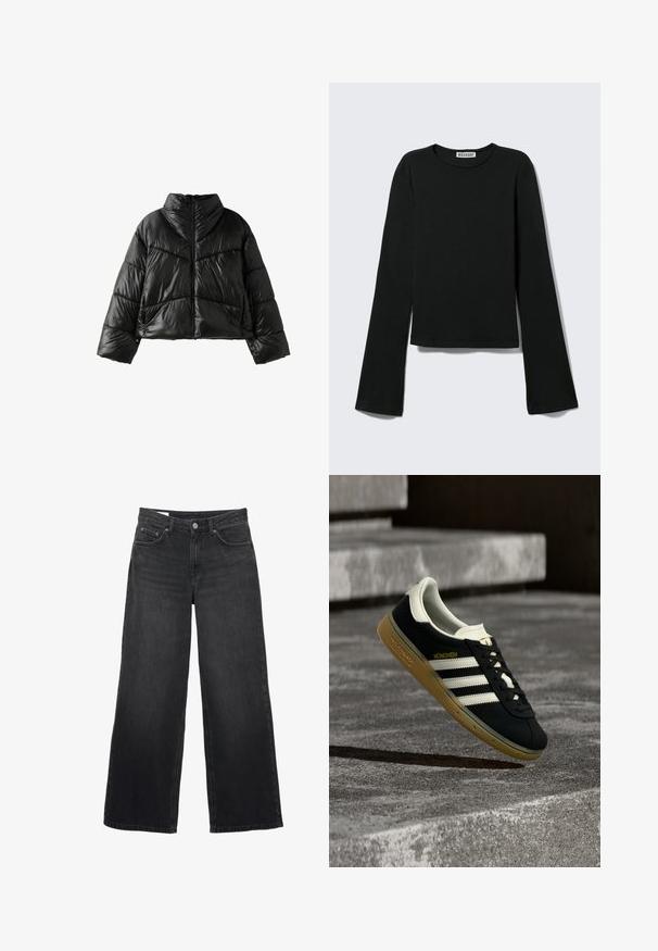 Schwarze glänzende Steppjacke mit hohem Kragen, Frontreißverschluss und diagonalen sowie horizontalen Steppnähten, dargestellt auf weißem Hintergrund.; Schwarzes Langarmshirt mit Rundhalsausschnitt, figurbetonter Silhouette und leicht ausgestellten Ärmeln, gekennzeichnet mit einem "Weekday" Markenetikett im Nacken.; Schwarze Jeans mit weitem Bein und hoher Taille, vorne mit Knopf- und Reißverschluss, Gürtelschlaufen und Fünf-Taschen-Design.; Schwarzer Adidas München Sneaker mit weißen Streifen und brauner Gummisohle, der über strukturierten Betontreppen schwebt.