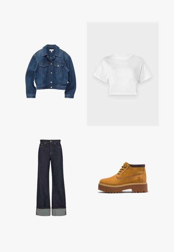 Blauwe spijkerjack met knopen, twee borstzakken, lange mouwen en zichtbare stiksels op een witte achtergrond.; Witte cropped t-shirt van katoen. Korte mouwen, ronde halslijn, gladde textuur, casual ontwerp zonder patronen of versieringen.; Donkerblauwe wijde jeans met omgeslagen zoom, sluiting met knoop en rits aan de voorkant, en oranje stiksels.; Tan leren enkelboots met een ronde neus, bruine accenten, een dikke plateauzool en contrasterende gele veters. Heeft een logo aan de zijkant.
