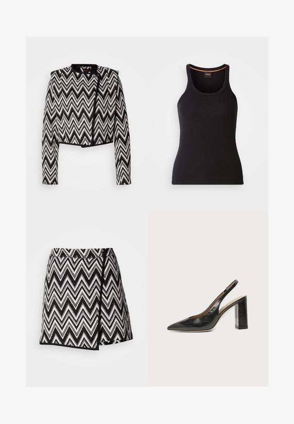 Veste à motifs zigzag en noir et blanc, coupée, avec un col rond et un matériel minimal. Tissu texturé avec des finitions noires contrastantes.; Débardeur noir côtelé avec un col rond. Présente une coupe ajustée et un accent orange au niveau du col. Logo de la marque discrètement brodé à l'avant.; Jupe à motif zigzag noir et blanc avec un design portefeuille, dotée d'un tissu texturé, finie par un ourlet noir uni le long des bords.; Chaussure slingback en cuir noir à bout pointu avec un talon bloc haut et une doublure intérieure beige sur un fond clair uni.