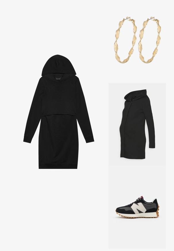 Sort graviditetsfrakke med en tætsiddende pasform, lange ærmer og en stor hætte. Fremstillet af et glat stof med en ren silhuet.; Sort pullover kjole med hætte, lange ærmer og cropped design. Fremstillet af blødt stof med en glat tekstur og ribbede manchetter.; Sort og grå ruskinds sneakers med et stort cremefarvet "N" logo, lilla snørebånd og en struktureret gummisål.; Guldtonede snoede hoop øreringe med en tekstureret overflade og en sikker lås. Designet har svungne mønstre, der skaber dybde.