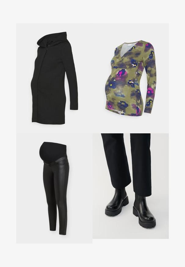 Zwarte zwangerschapsjas met een nauwsluitend ontwerp, lange mouwen en een grote kap. Gemaakt van een gladde stof met een strakke silhouet.; MAMALICIOUS MLANDREA TESS - Longsleeve - winter moss; Zwarte zwangerschapsleggings met voorpanelen van kunstleer en rekbare stof over de buik voor comfort en ondersteuning tijdens de zwangerschap.; Persoon die zwarte leren enkellaarzen met dikke zool draagt, gecombineerd met zwarte broek met rechte pijpen op een witte achtergrond.