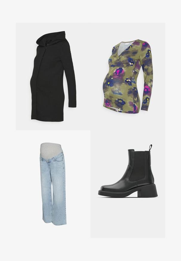 Sort graviditetsfrakke med en tætsiddende pasform, lange ærmer og en stor hætte. Fremstillet af et glat stof med en ren silhuet.; MAMALICIOUS MLANDREA TESS - Langærmet T-shirt - winter moss; Lyseblå denim jeans med en grå strækbar talje, bred benvidde og traditionel fem-lomme stil. Glat tekstur med lys vask.; Sorte læder ankelstøvler med elastiske sidepaneler, afrundet tå og en kraftig blokhæl. Glat tekstur med et minimalistisk design.