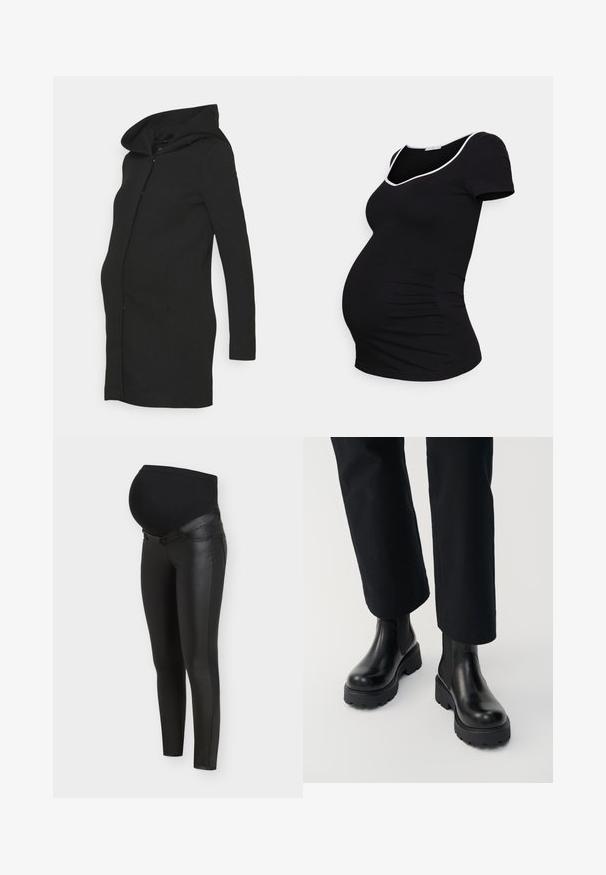 Schwarzer Umstands-Mantel mit tailliertem Schnitt, langen Ärmeln und großer Kapuze. Hergestellt aus einem glatten Stoff mit klarer Silhouette.; Anna Field MAMA by Zalando T-Shirt print - black; Schwarze Umstandsleggings mit vorderen Einsätzen aus Kunstleder und dehnbarem Stoff über dem Bauch für Komfort und Unterstützung während der Schwangerschaft.; Person trägt schwarze Leder-Stiefeletten mit klobiger Sohle, kombiniert mit schwarzen Straight-Leg-Hosen vor weißem Hintergrund.