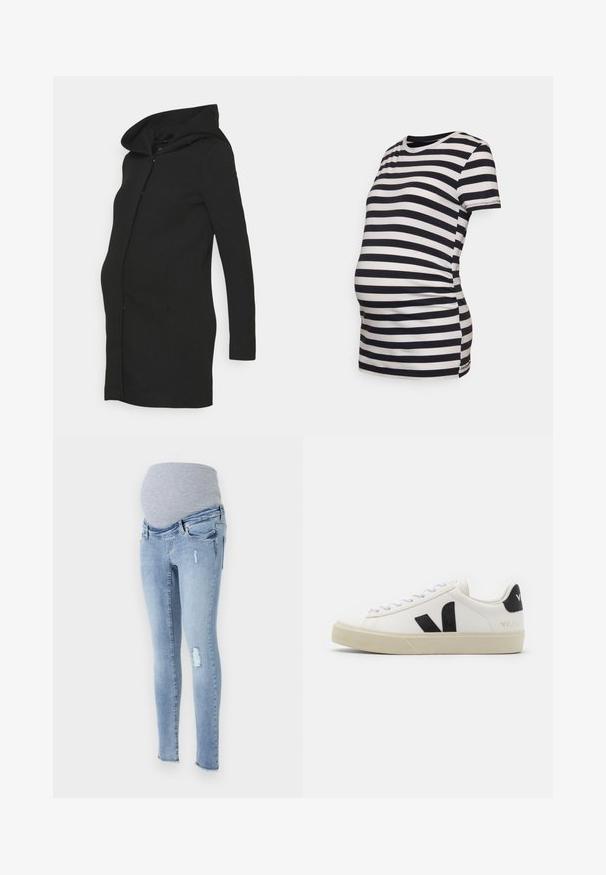 Musta äitiysparkatakki, jossa on istuva leikkaus, pitkät hihat ja iso huppu. Valmistettu sileästä kankaasta, jossa on siisti siluetti.; GAP Maternity VINTAGE CREW - Printtipaita - black; Raska slim jeans äitiysmallia vaaleansinisestä denimestä, pehmeällä harmaalla elastisella vyötäröllä, kulutetuilla yksityiskohdilla ja kapenevalla istuvuudella.; Valkoiset nahkakengät mustalla kumisella V-logolla. Teksturoitu haalistunut valkoinen pohja, valkoiset nauhat ja takana kantapäässä brändin nimi mustana.