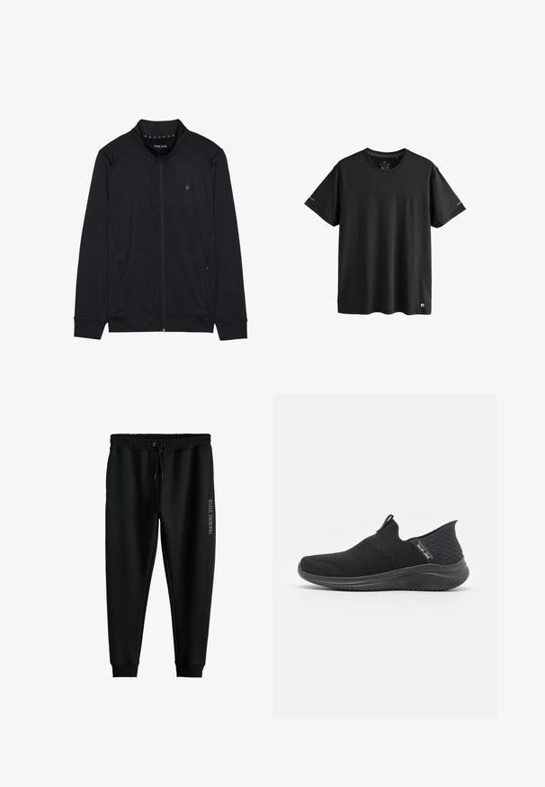 Schwarze Zip-Jacke aus weichem Stoff mit hohem Kragen, Seitentaschen und genähten Schulternähten. Minimalistisches Logo auf der Brust.; Schwarzes, kurzärmeliges Activewear-T-Shirt mit Rundhalsausschnitt, dezenten Logos an den Ärmeln und am unteren Saum, Größe M.; Schwarze Trainingshose aus weichem Stoff, mit einem elastischen Bund und Kordelzug sowie einem bedruckten "TRAINING DIVSN"-Logo an der Seite.; Schwarze Slipper mit einem atmungsaktiven Mesh-Obermaterial, strukturiertem Design, flexibler Sohle und einem glatten, gepolsterten Fußbett.