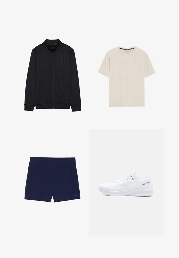 Sorth zip-jakke lavet af blødt stof, med høj krave, sidelommer og syede skuldersømme. Minimalistisk logo på brystet.; Lys beige kortærmet T-shirt lavet af tekstureret stof, med rund halsudskæring og raglanærmer. Subtle horisontalt stribemønster.; Marineblå svøm shorts lavet af letvægtsstof, med elastisk talje og to sidelommer til opbevaring.; Hvid strikket lavtop-sneaker med tekstureret sål, snørelukning foran og "JACK & JONES" logo på hælkantens side.