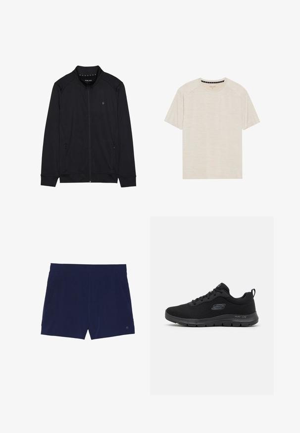 Sorth zip-jakke lavet af blødt stof, med høj krave, sidelommer og syede skuldersømme. Minimalistisk logo på brystet.; Lys beige kortærmet T-shirt lavet af tekstureret stof, med rund halsudskæring og raglanærmer. Subtle horisontalt stribemønster.; Marineblå svøm shorts lavet af letvægtsstof, med elastisk talje og to sidelommer til opbevaring.; Sort atletisk sko med mesh-overdel, rund tå, snørebåndsdesign og tekstureret sål. Har et logo på siden og en trækstrop ved hælen.